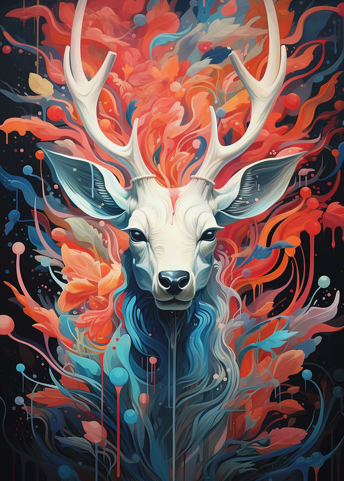 Abstract Deer Portrait with Floral Elements