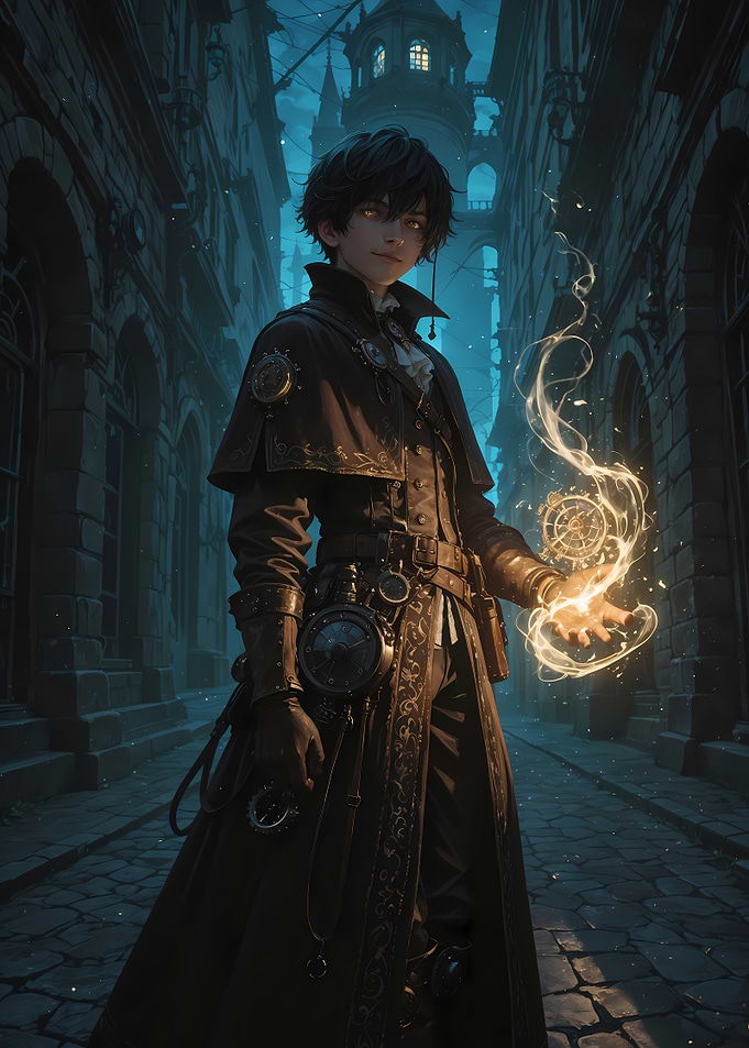 Steampunk Mage in Dark Alleyway