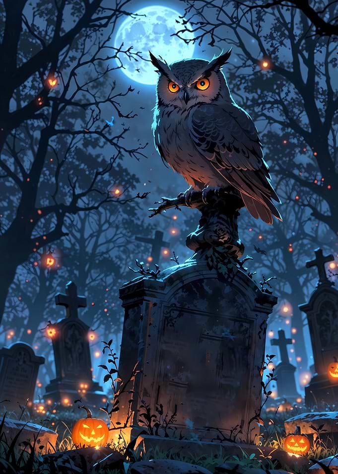Owl Perched on Tombstone in Graveyard