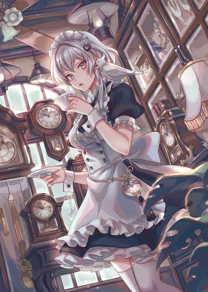 Anime Maid with Bird and Clocks