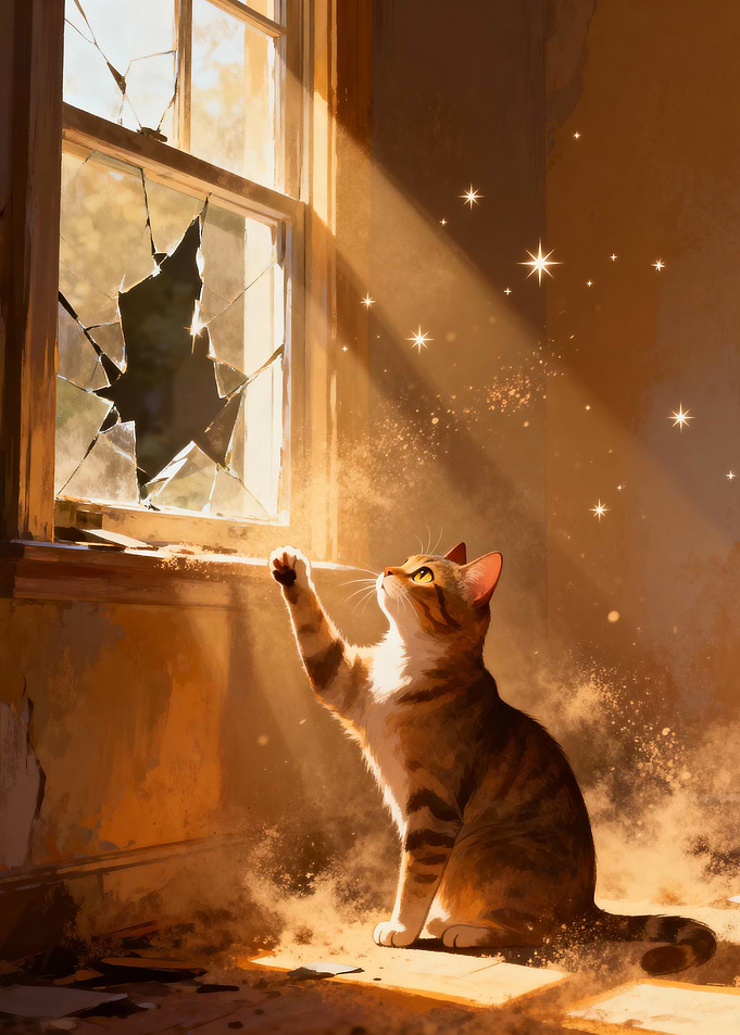 Cat Reaching for Broken Window