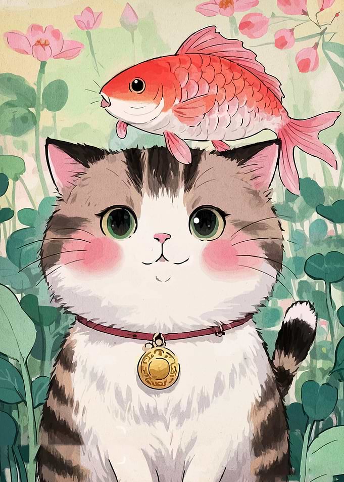 Cat with Goldfish Hat Illustration