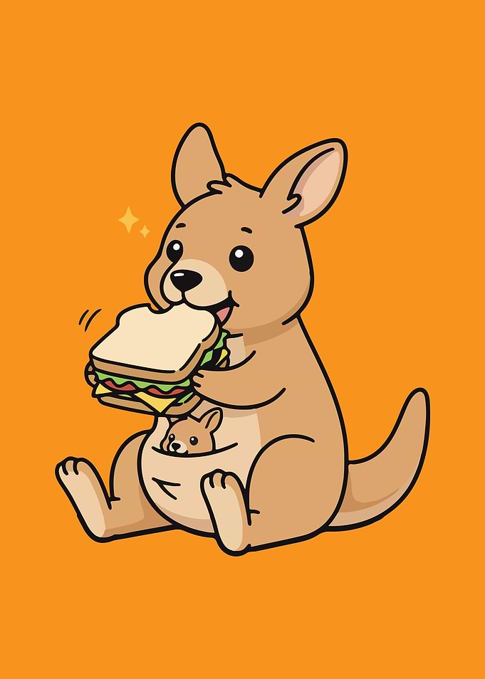 Cartoon Kangaroo Eating a Sandwich