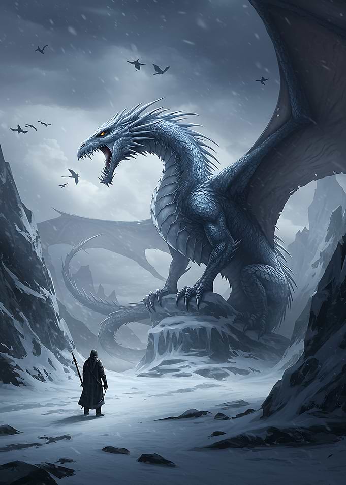 Dragon and Warrior in Snowy Landscape
