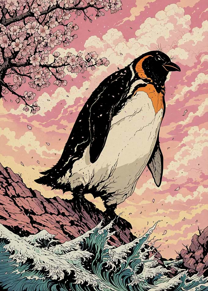 Penguin on Cliff Ocean with Cherry Blossoms Japanese Art