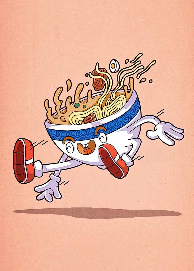Running Ramen Bowl Cartoon Illustration