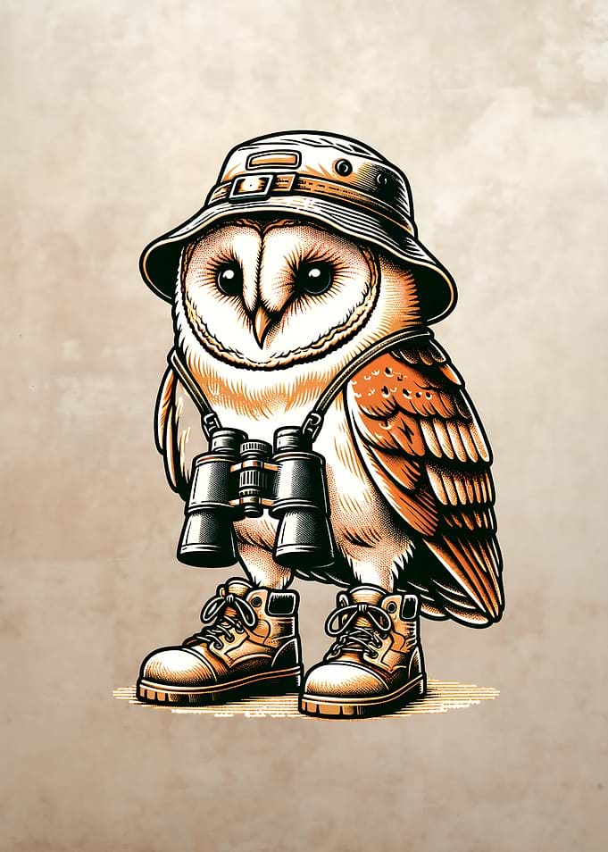 Adventurous Owl with Binoculars and Boots