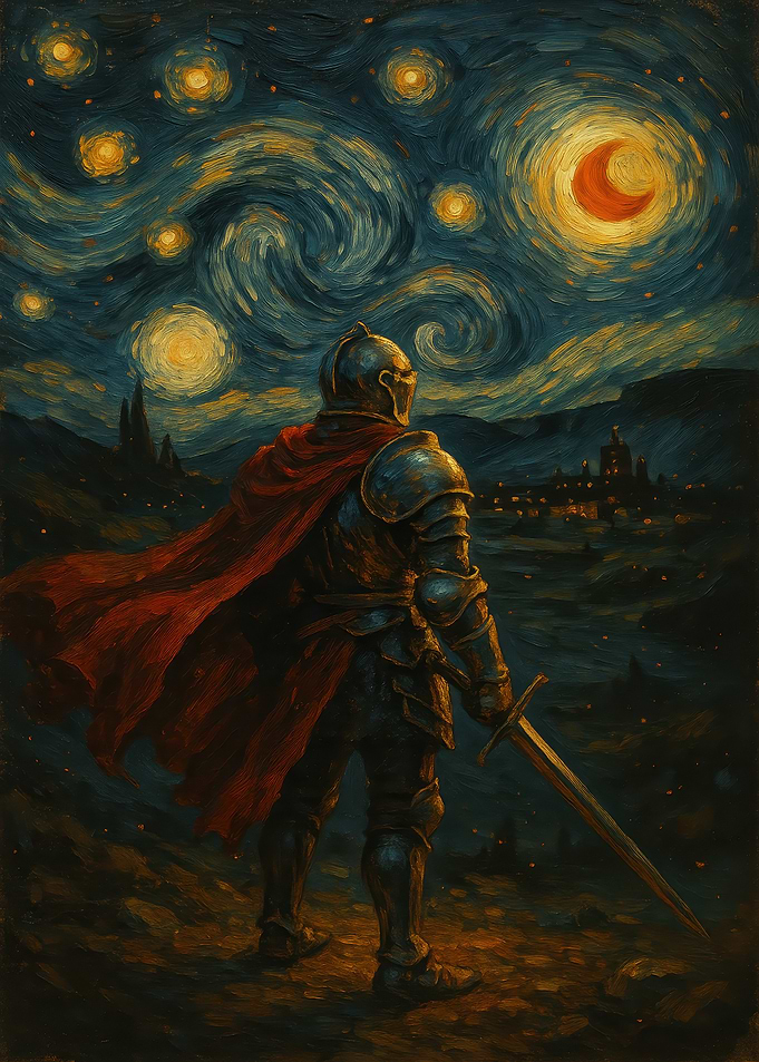 Knight under Starry Night Sky Painting