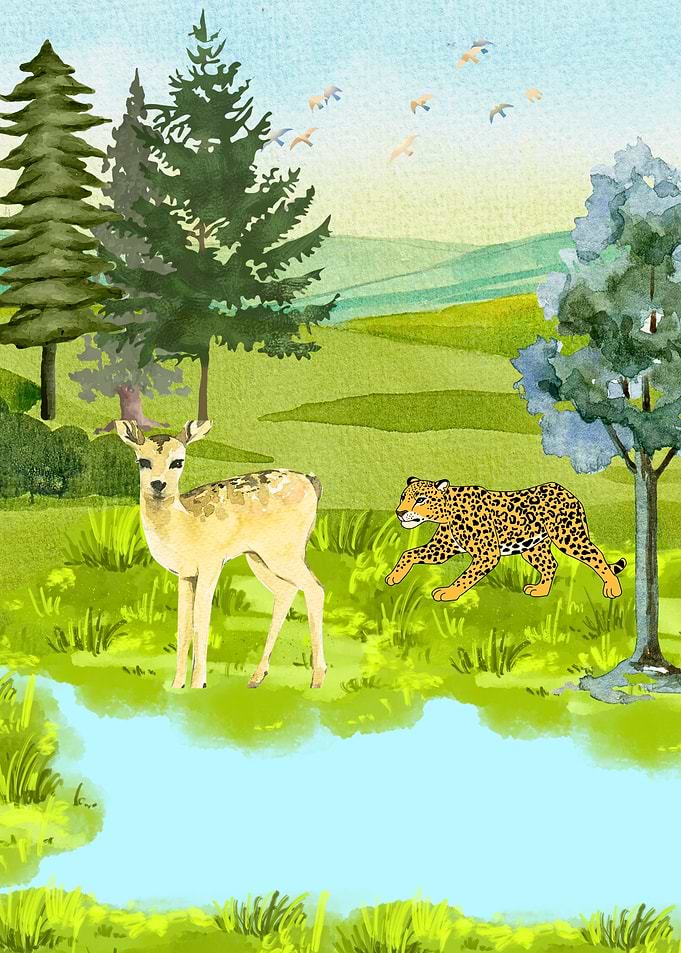 Deer and Leopard in Watercolor Landscape