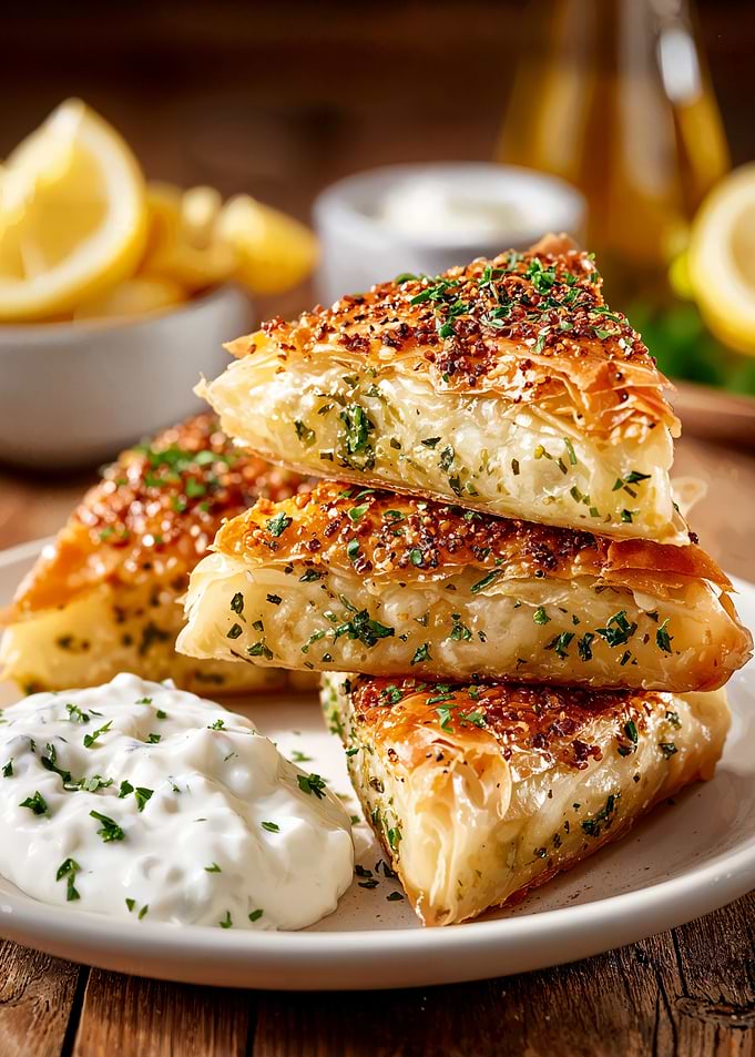 Delicious Spanakopita Stack with Tzatziki Sauce