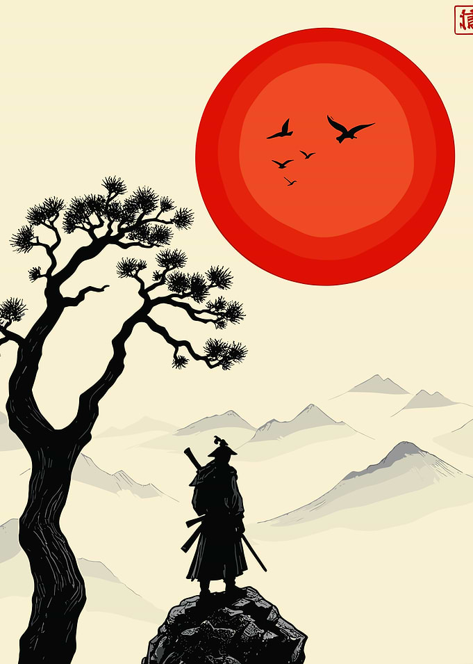 Samurai Silhouette Under Red Sun