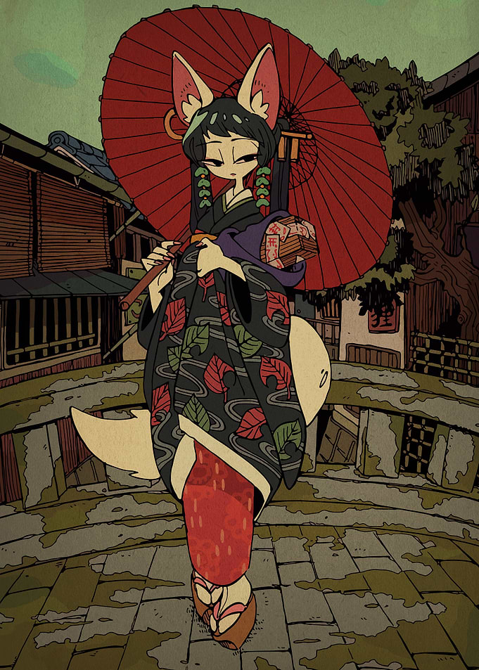 Fox Girl in Kimono with Umbrella