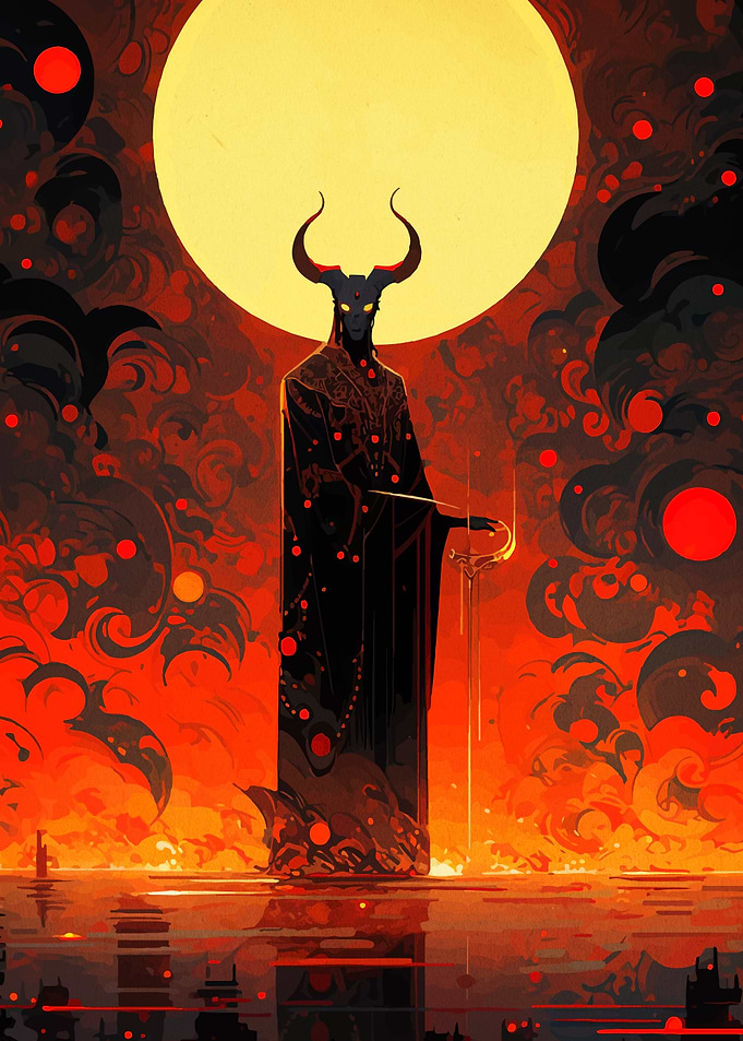 Horned Figure with Sword in Fiery Landscape