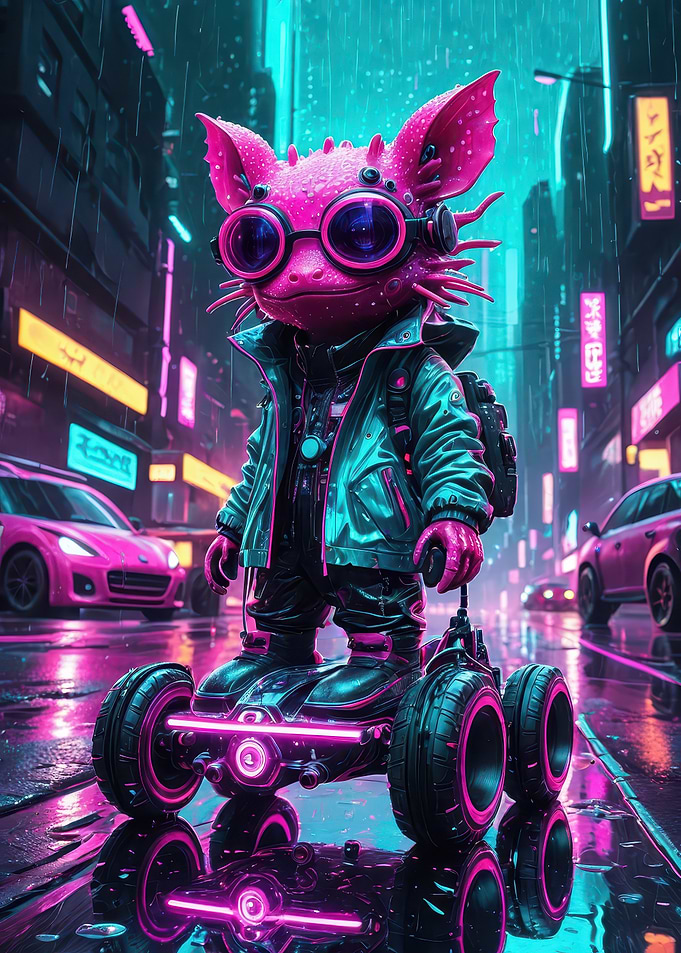Neon Axolotl Rider — Cute Cyberpunk Creature on Hoverboard in Rainy City