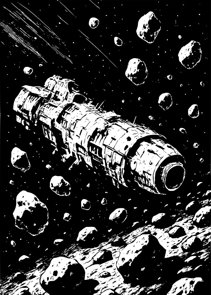 Spaceship in Asteroid Field Illustration