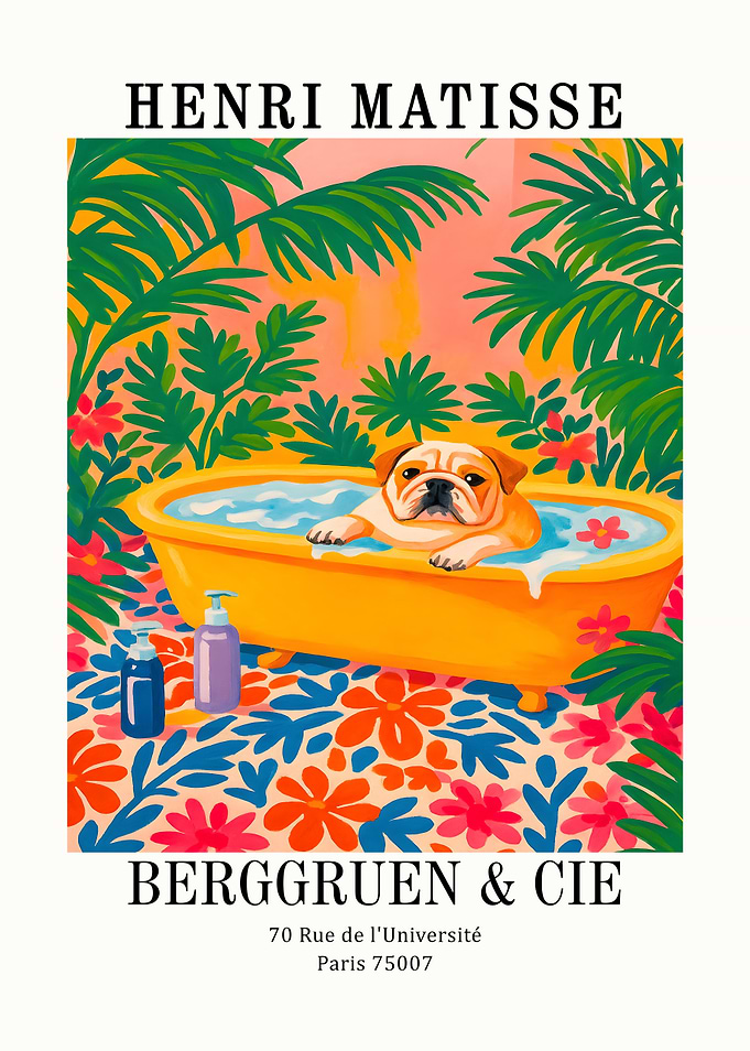 Henri Matisse style dog in bathtub