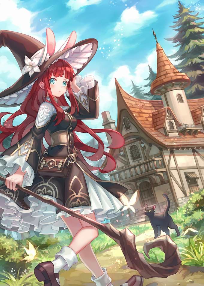 Anime Witch Girl with Black Cat