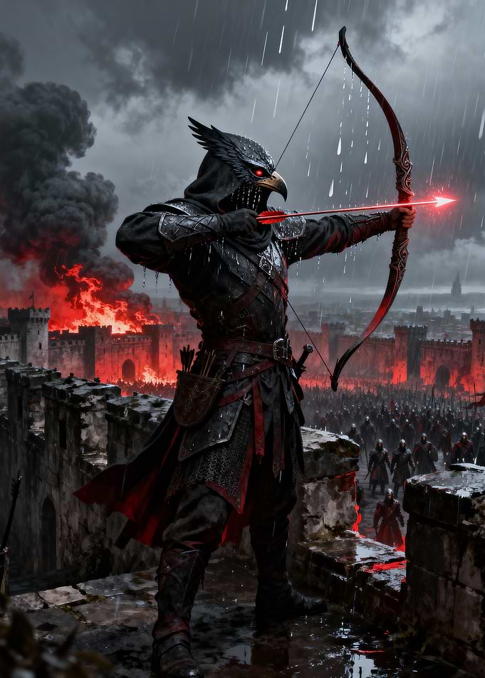 Eagle Archer in Burning Cityscape
