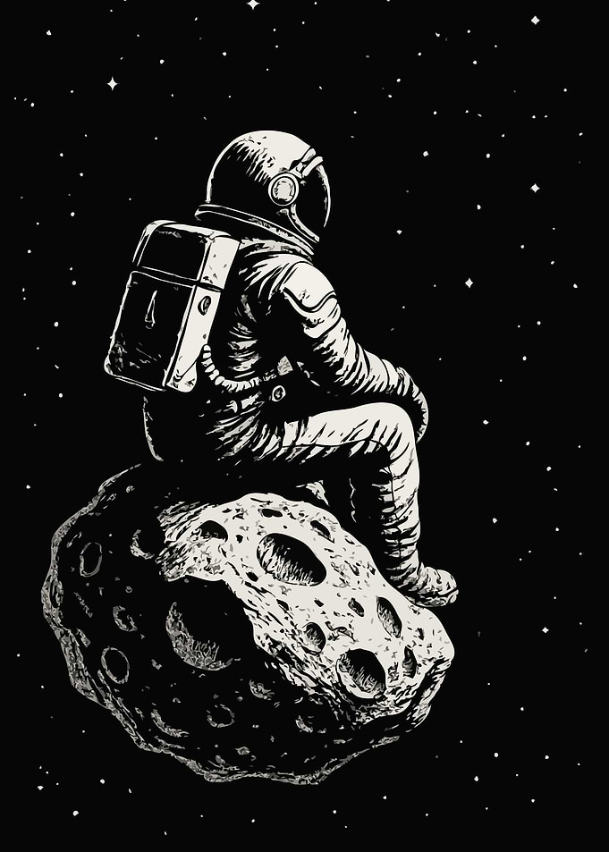Astronaut Sitting on Asteroid in Space
