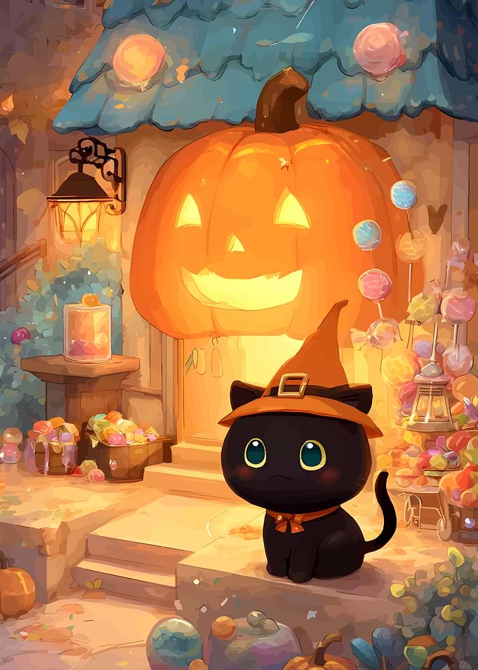 Cute Halloween Cat with Pumpkin House