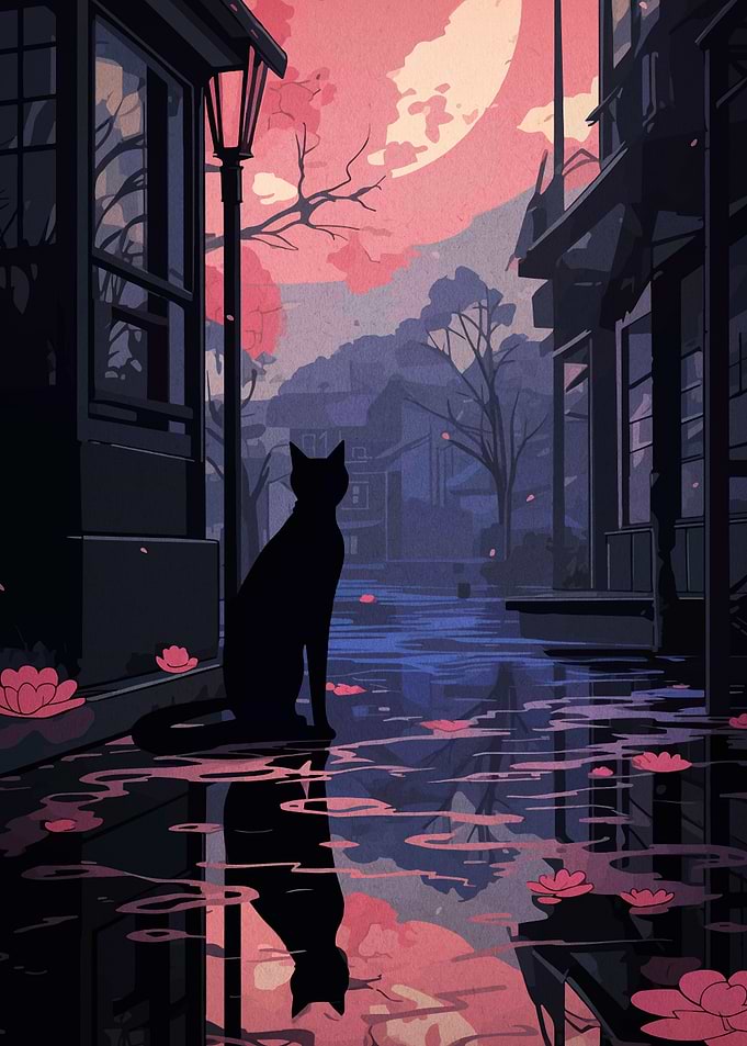 Black Cat in Rainy Cityscape