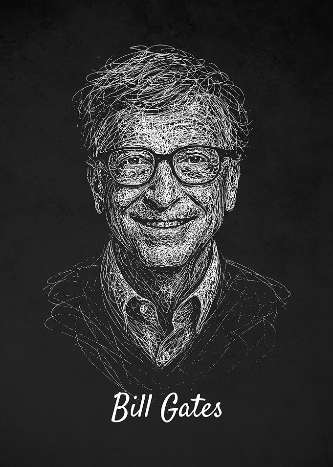 Bill Gates Portrait - White on Black Art