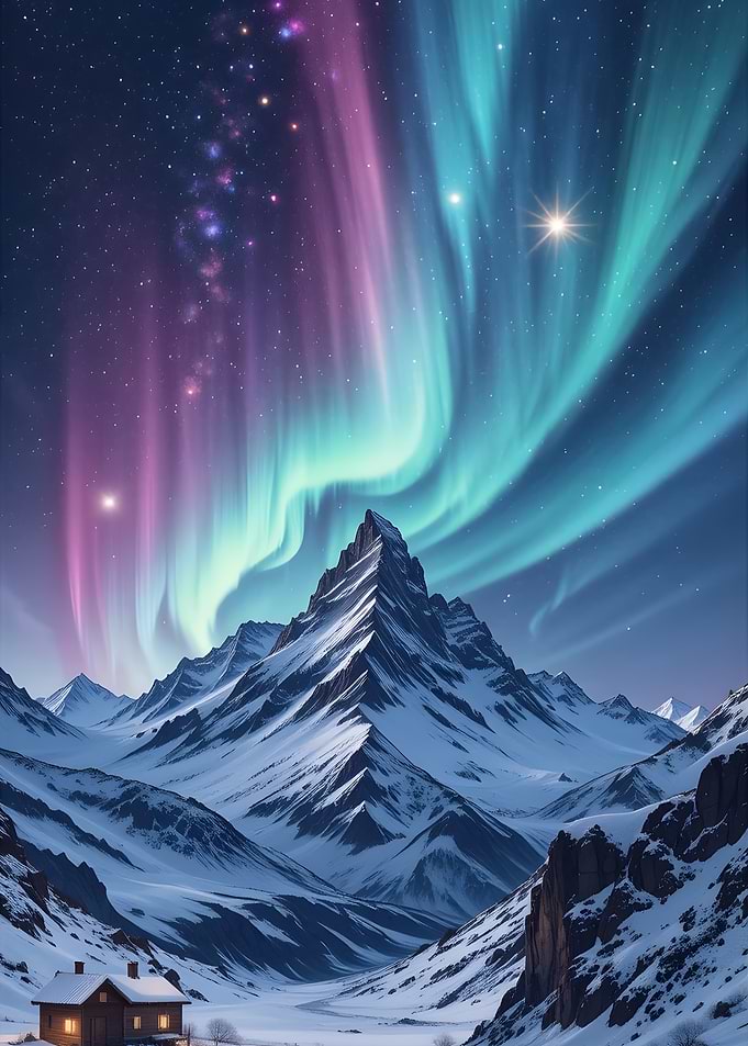 Aurora Borealis over Snowy Mountains