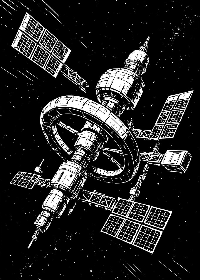 Monochrome Space Station Illustration Art