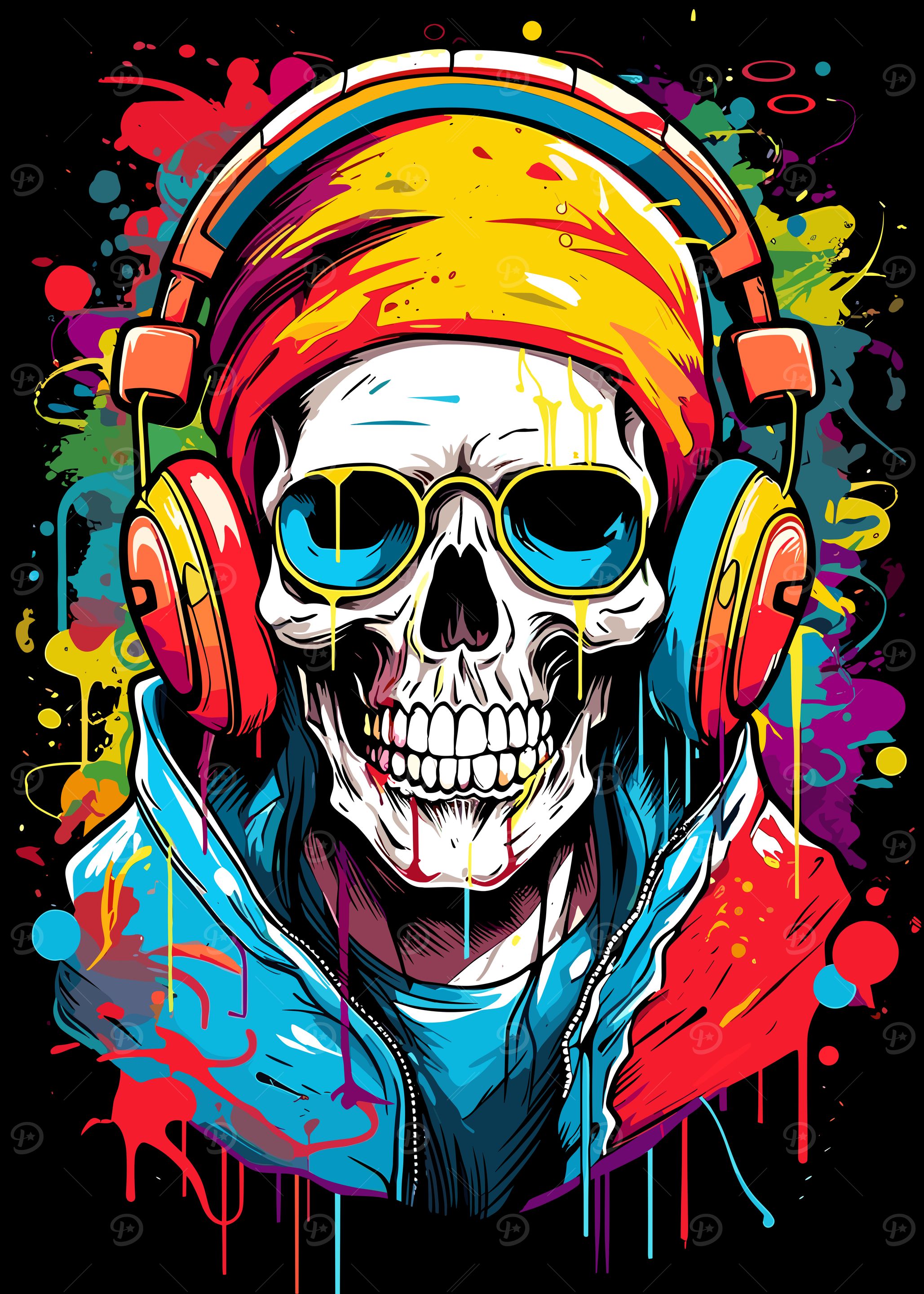 Skull with Headphones and Colorful Splatters