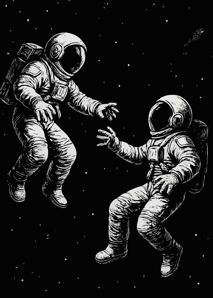 Two Astronauts Reaching Out in Space