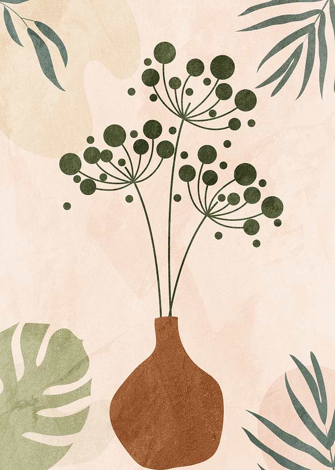 Botanical Illustration with Vase and Leaves