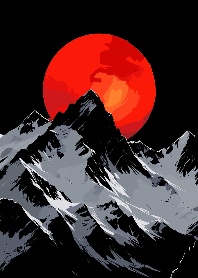 Red Moon Over Snowy Mountains