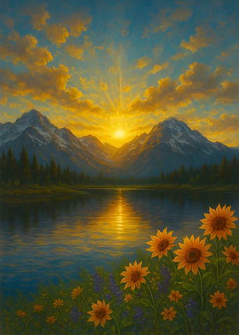 Mountain Lake Sunset with Sunflowers