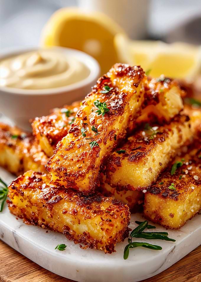 Fried Halloumi Cheese Sticks with Lemon