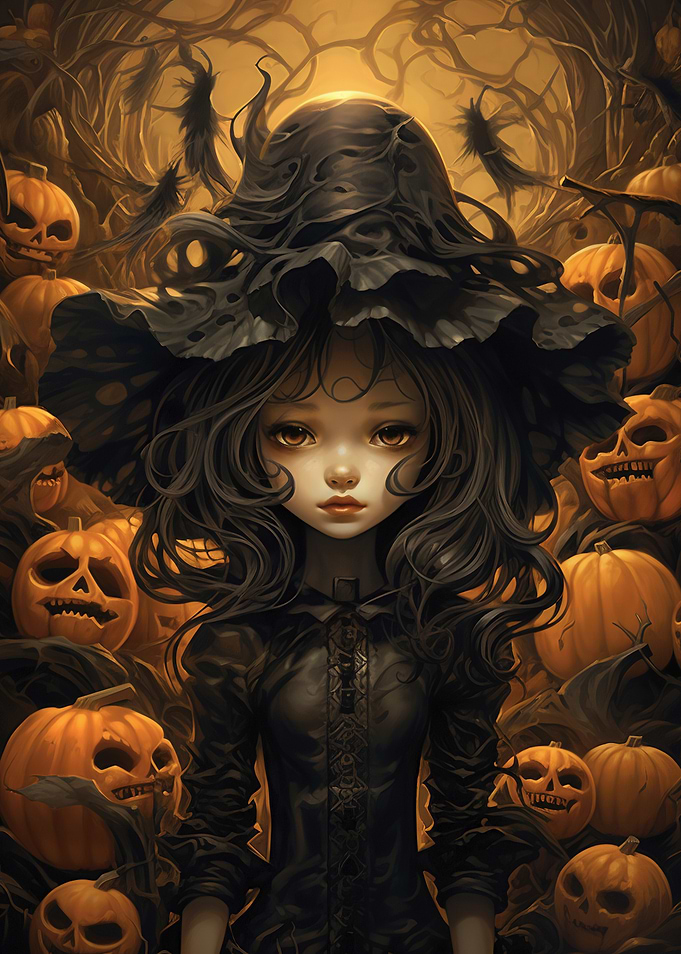 Halloween Witch Girl with Pumpkins