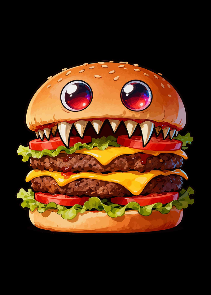 Cartoonish Monster Burger on Black Background