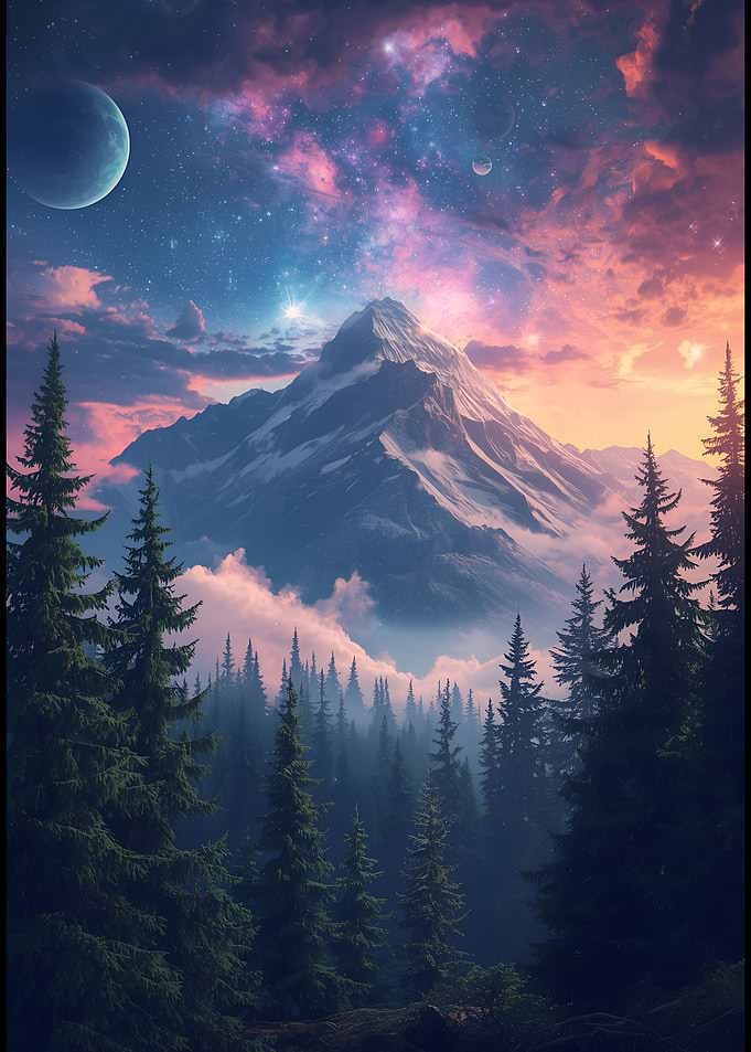 Mountain and Forest Under a Cosmic Sky