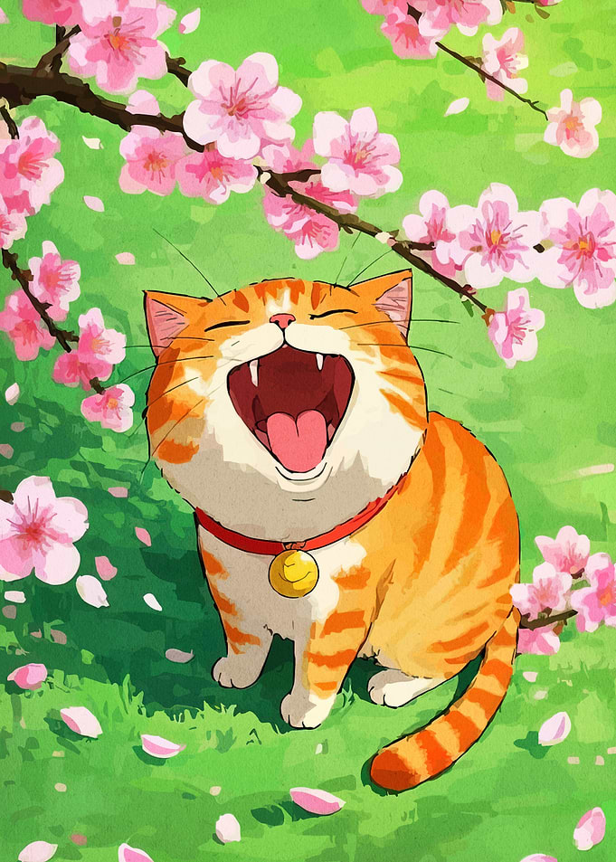 Happy Cat Under Cherry Blossoms