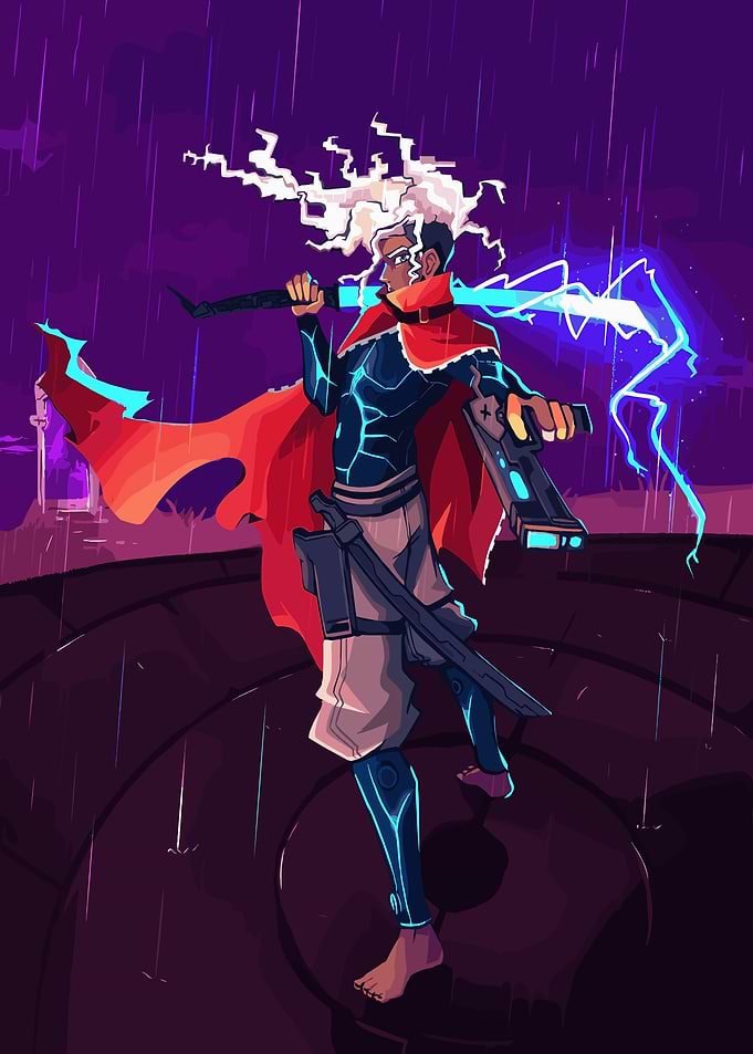 Cyberpunk Warrior in Rainy Landscape