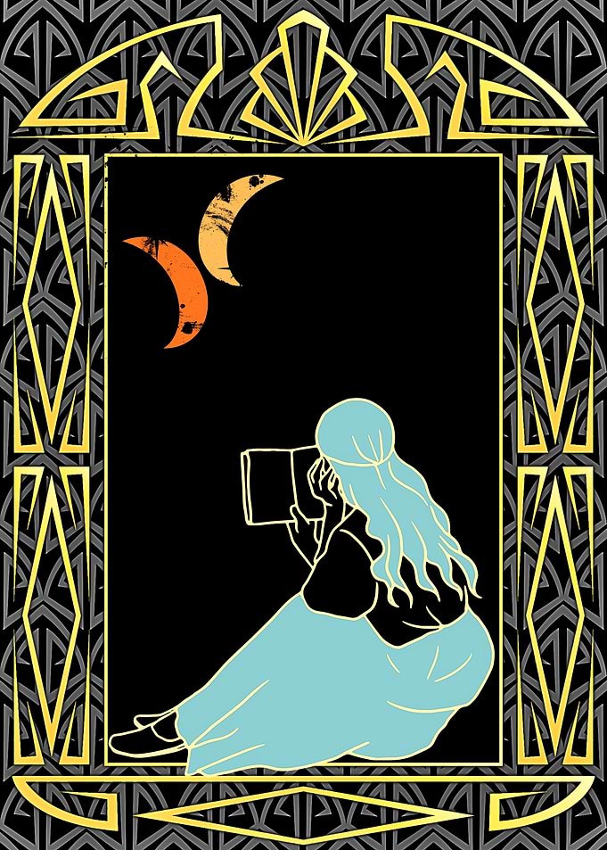 Woman Reading Under Crescent Moons
