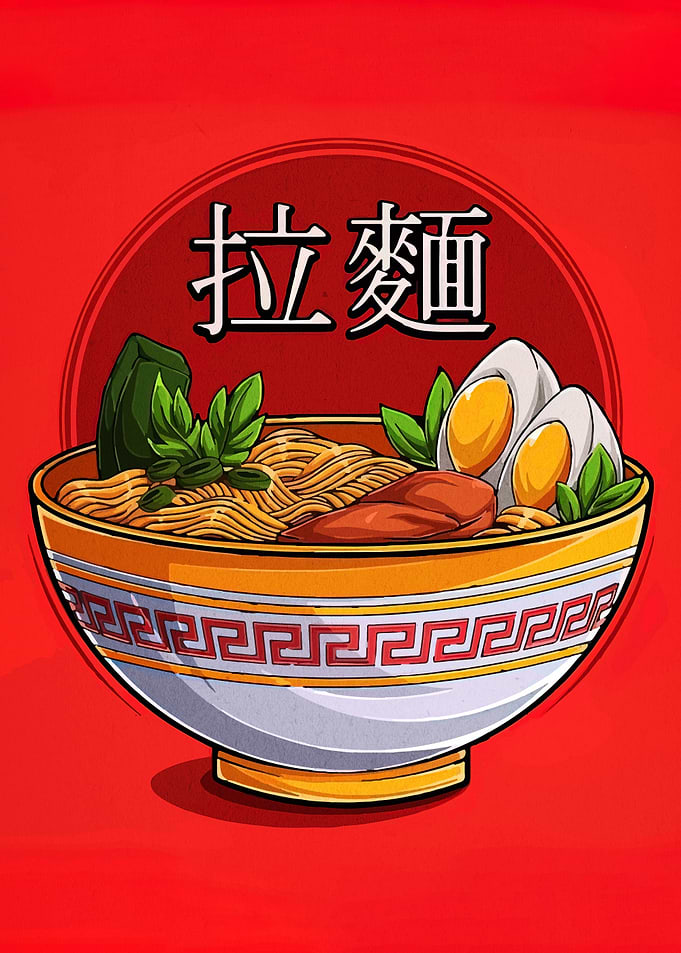Ramen Bowl Illustration on Red Background