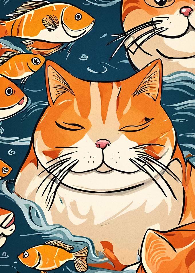 Orange Cat Surrounded by Fish