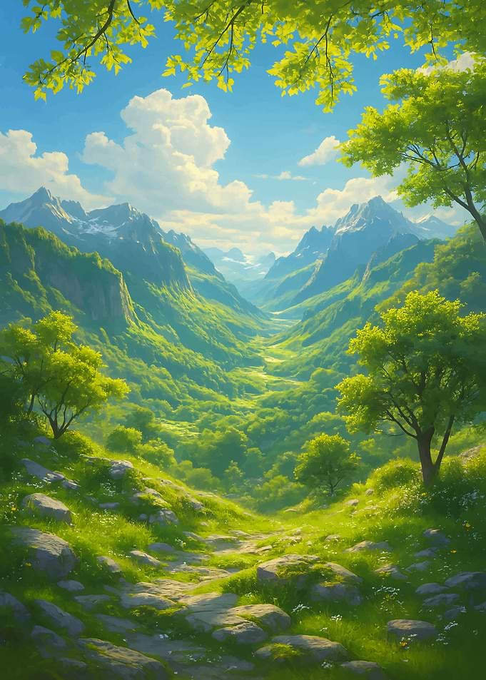 Lush Green Mountain Valley Landscape