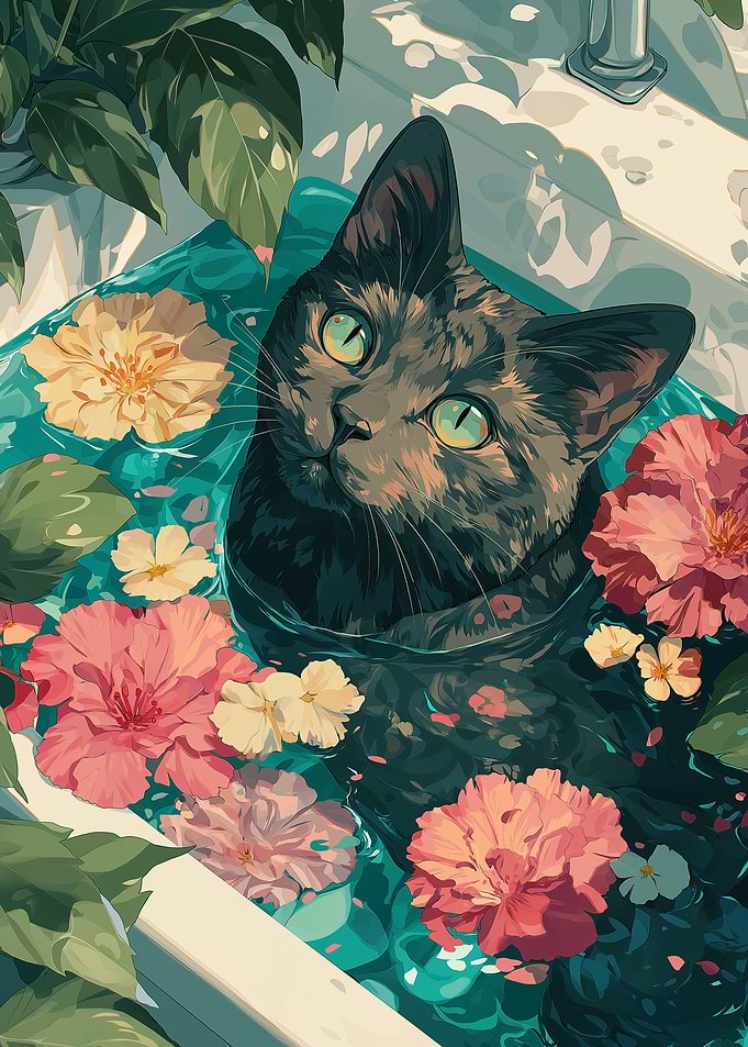 Cat in Floral Bathtub Illustration