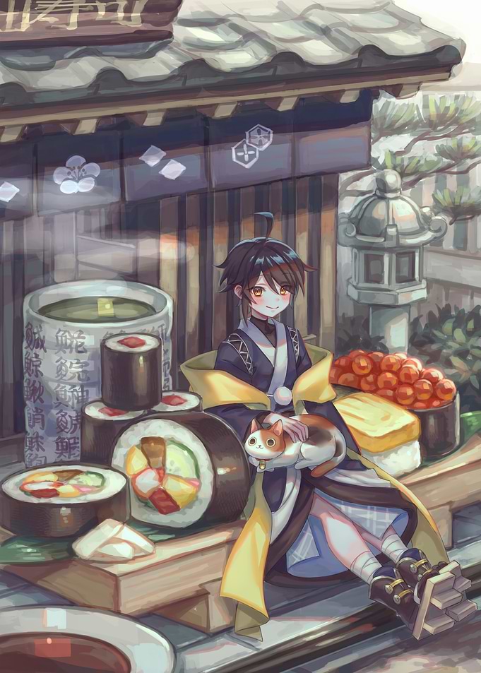 Anime Boy with Sushi and Cat