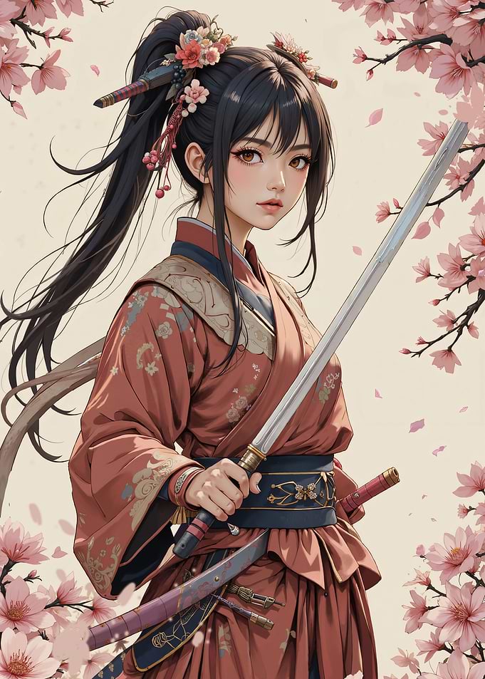 Anime Girl with Sword and Cherry Blossoms