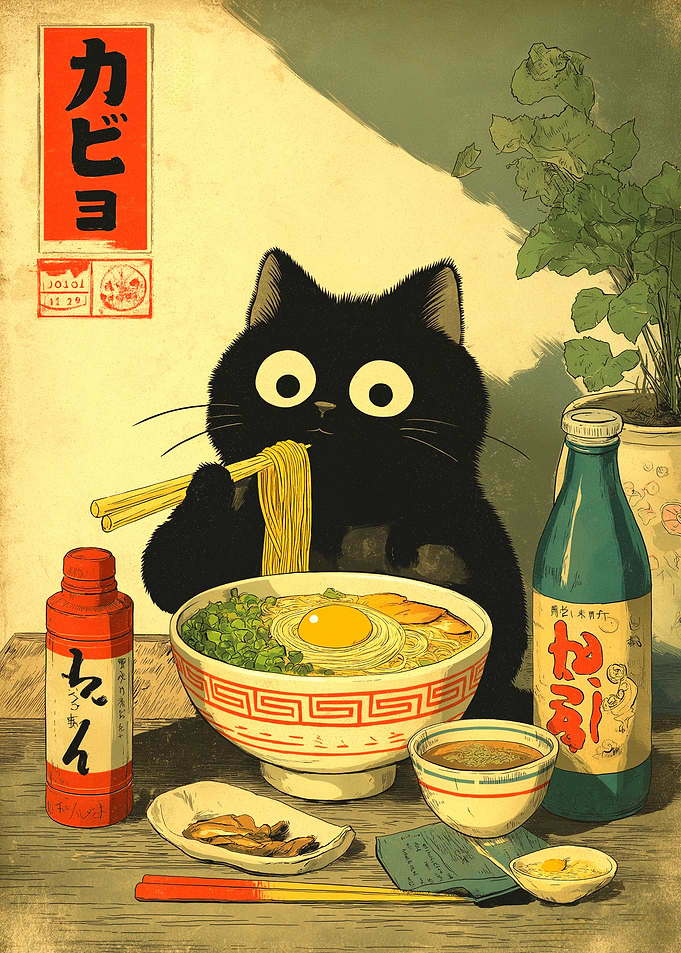 Black Cat Eating Ramen Illustration