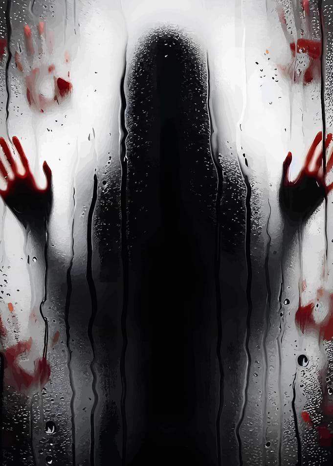 Bloody hands on wet glass