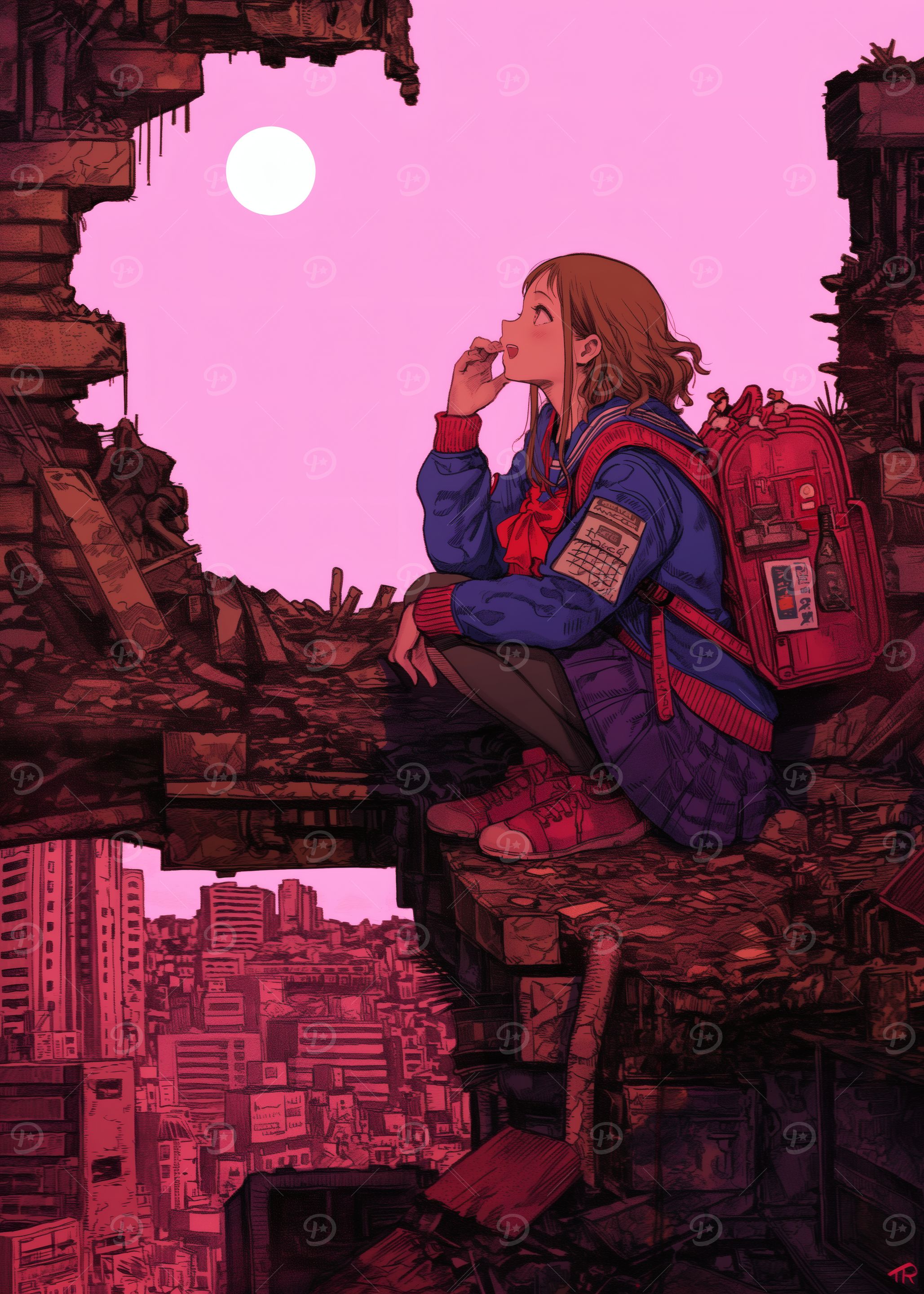 Anime Girl in Post-Apocalyptic Cityscape