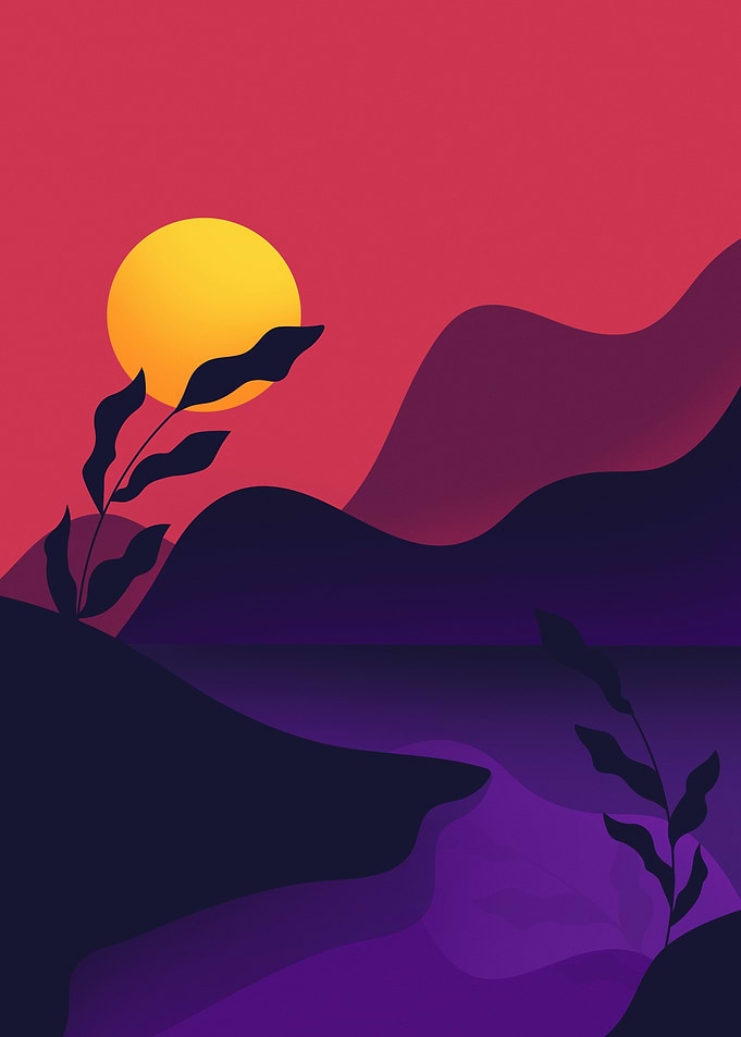 Sunset Landscape with Plants and Mountains